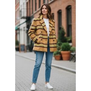 Vigoss‎ Plaid Double Breasted Peacoat Lemon, Brushed Polished Checks Preppy Fall